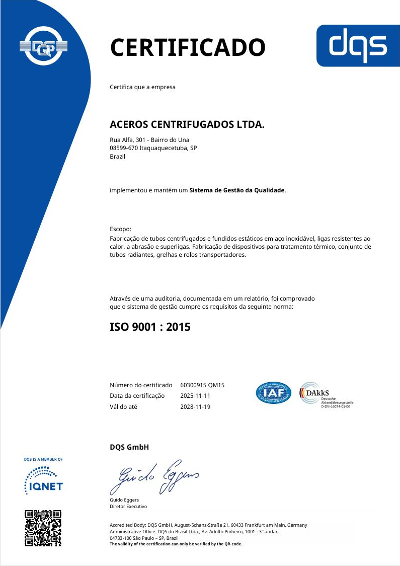 Certificado ISO 9001:2015 da Aceros válido até novembro de 2028