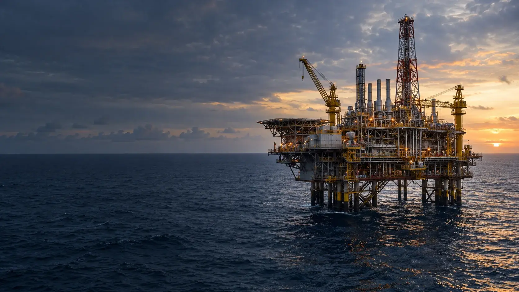 Ilustração de plataforma de petróleo offshore no oceano ao pôr do sol.